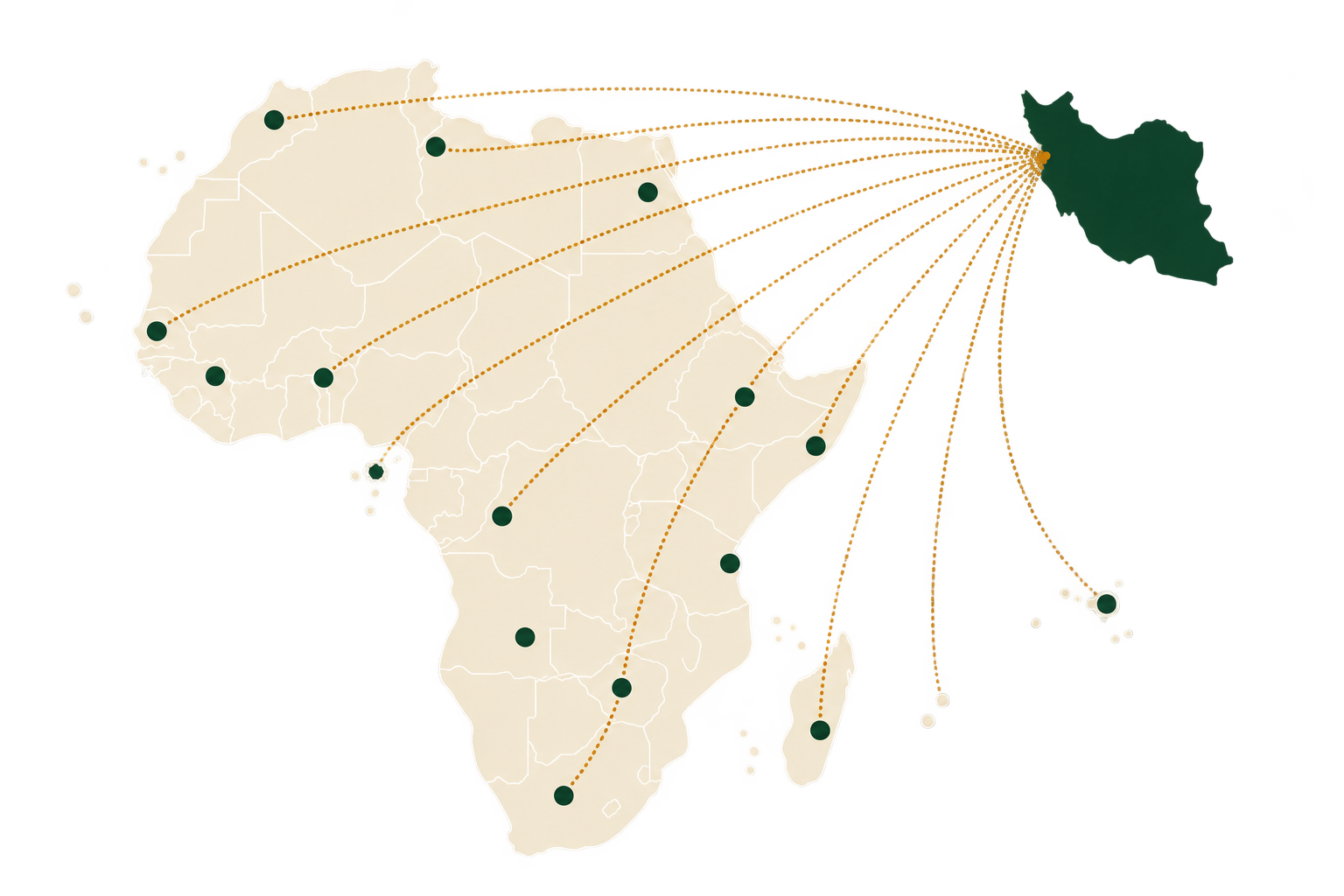 Complete map of Africa with trade routes from Iran to destinations across the continent